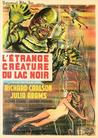 Rectangular postcard of a French language movie poster for Creature of the Black Lagoon