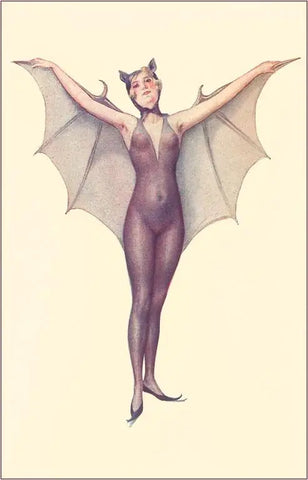 A postcard of a vintage style illustration of a woman wearing a see-through bat costume spreading her wings