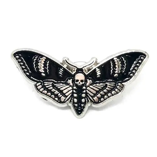 shiny silver metal and black Death’s Head Moth enamel clutch-back pin