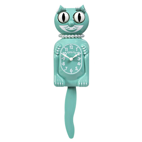 Ocean Waves seafoam green & white Miss Kitty-Cat Klock features a mischievous grin, pearl necklace, and big round eyes with eyelashes, and pendulum tail 