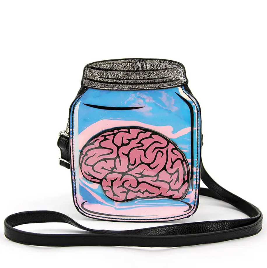 pink brain in a jar novelty shaped purse with solid black back and detachable black crossbody strap