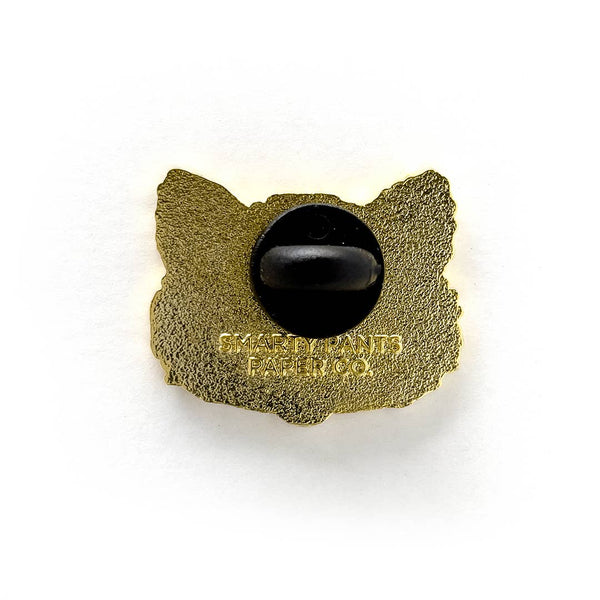 glitter black cat face with yellow eyes and orange details enameled gold metal lapel pin, shown back view