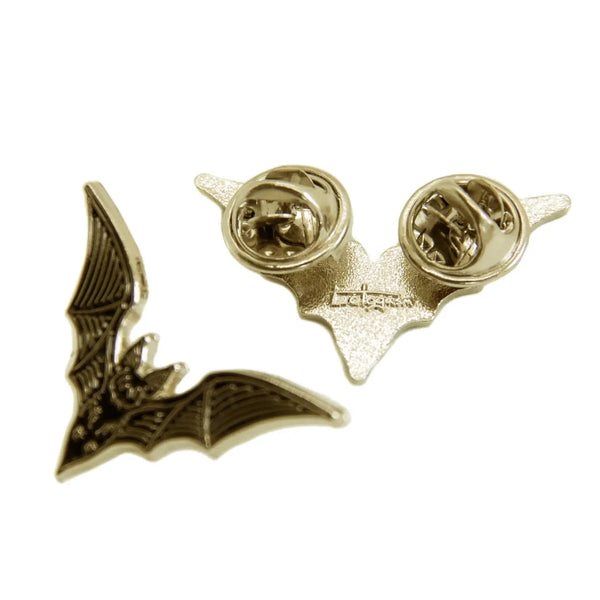 Bat black detailed enameled gold metal clutch-back pin set to fit on collar points. Original design by artist Ectogasm. Back shown