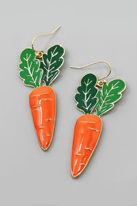 pair shiny enameled gold metal orange and green carrot dangle earrings