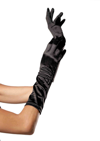 Mid forearm length shiny black stretch satin gloves, shown on model