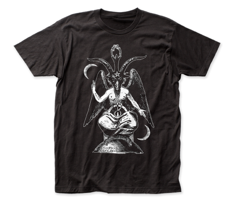 A black unisex t-shirt with an illustration of Baphomet in off-white