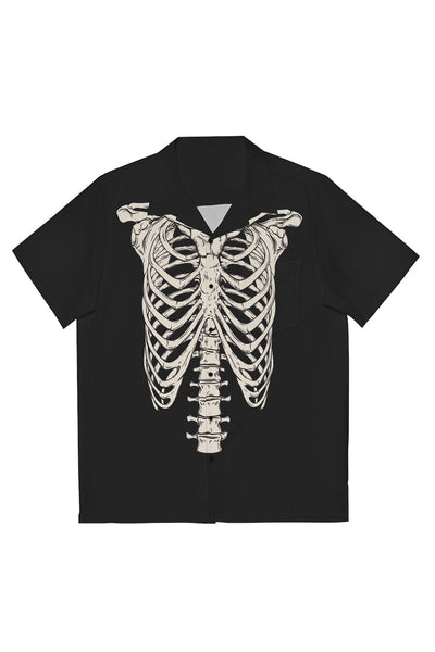 A black button down shirt with short sleeves and an ivory colored illustration on the front of a skeleton's rib cage. Front view of the shirt