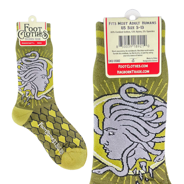 pair green and grey Medusa design soft stretch cotton blend crew socks, shown in branded packaging front and back view