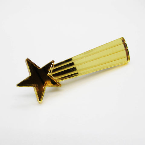 Shiny mirrored gold laser-cut acrylic 3" x 7/8" shooting star hair clip