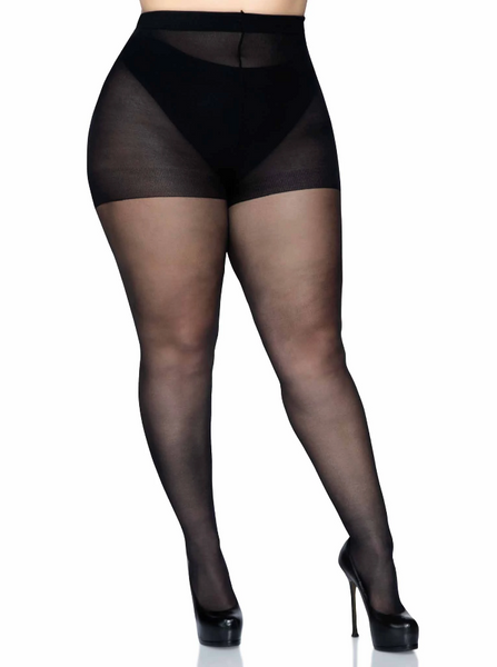 sheer black pantyhose with black backseam, shown front view on model