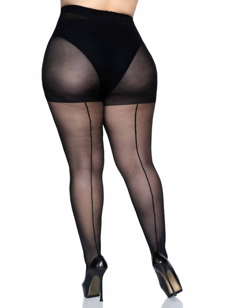 sheer black pantyhose with black backseam, shown back view on model