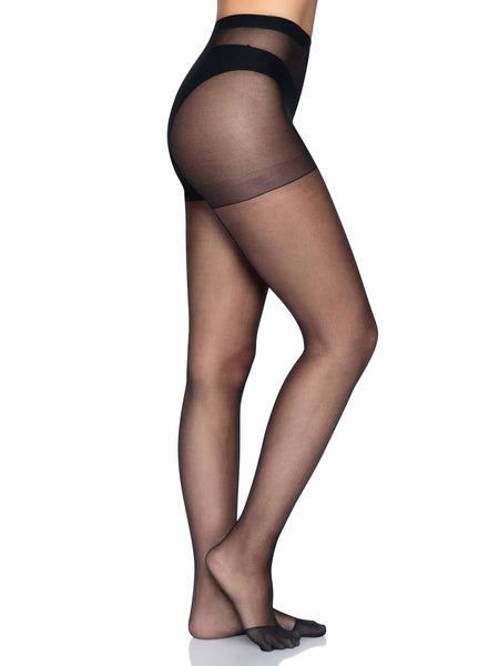 sheer black pantyhose with black backseam, shown side view on model