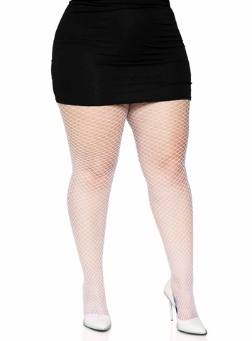bold industrial fishnet pantyhose in white, shown on model 