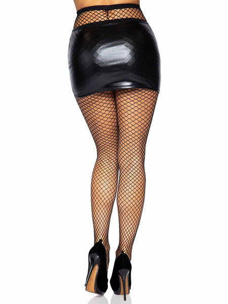 black bold industrial fishnet pantyhose tights, shown back view on model