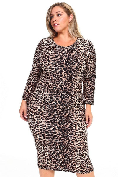 stretchy brushed fiber knit leopard print dress with 3/4 sleeves and round neckline in just-below-the-knee length, shown on model