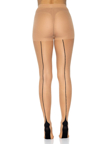 Sheer nude, beige Pantyhose with Black Backseam and Cuban Heel, shown back view on model