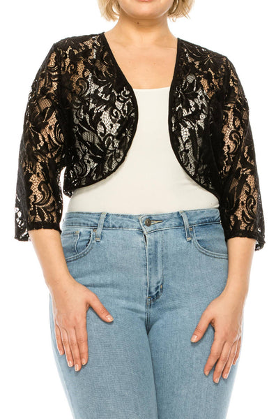 black floral patterned lace 3/4 sleeve bolero with solid black trim worn by a model shown from the front