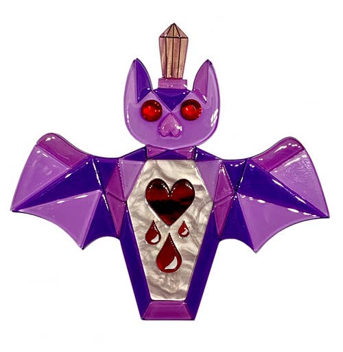 "All That Bitters" purple-y vampire bat with red rhinestone eyes cut crystal look poison bottle layered laser cut resin brooch