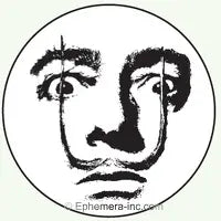 A round white refrigerator magnet with a portrait of the artist Salvador Dali in black 