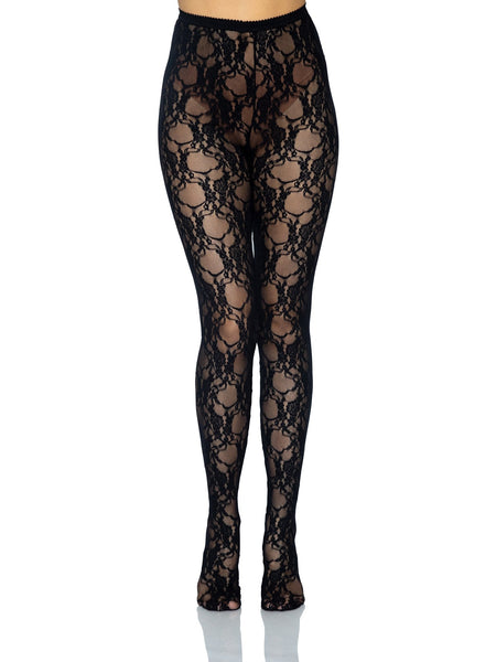 Black Floral Lace Pantyhose, shown on model