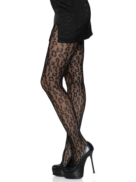 leopard print design black net pantyhose, shown on model