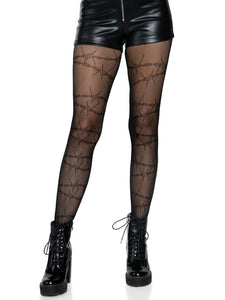 Black fishnet pantyhose with allover knit-in barbed wire design, shown on model