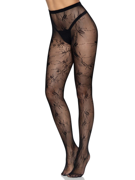 Black fishnet pantyhose with allover knit-in assorted beetles design, shown on model