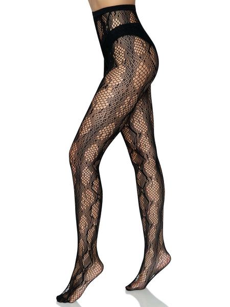 snake print design black net pantyhose, shown on model