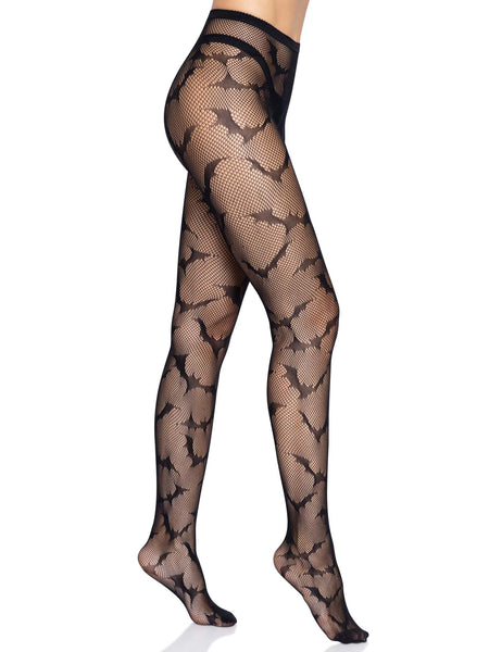 Black fishnet pantyhose with allover woven-in flying bats pattern, shown on model