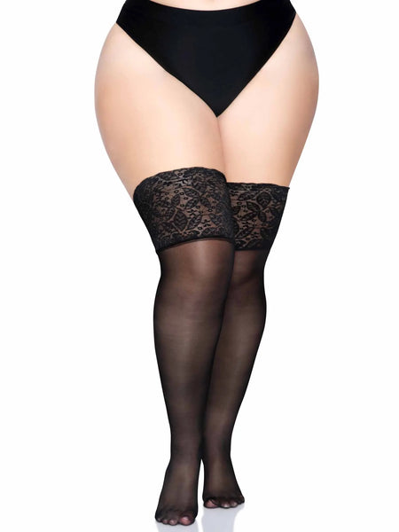 black 20 Denier thigh highs with 5" wide silicone-lined leaf pattern lace top