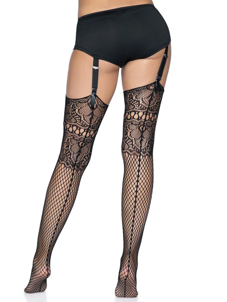 black thigh high fishnet stockings with extra wide knit-in lace lace design top and classic backseam