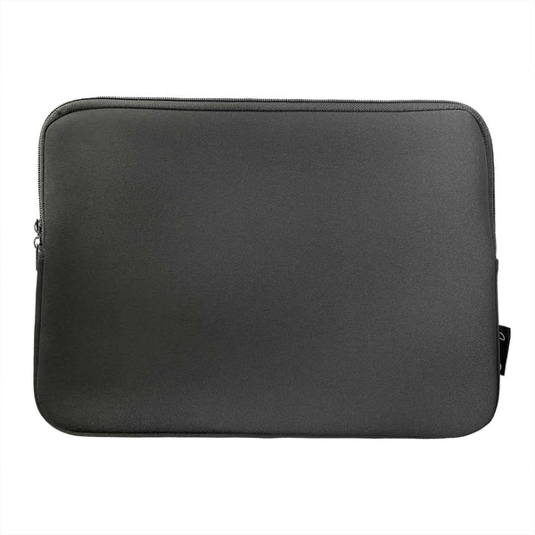 A black neoprene laptop sleeve printed with a white spiderweb pattern. A shot showing the blank black back of the sleeve 