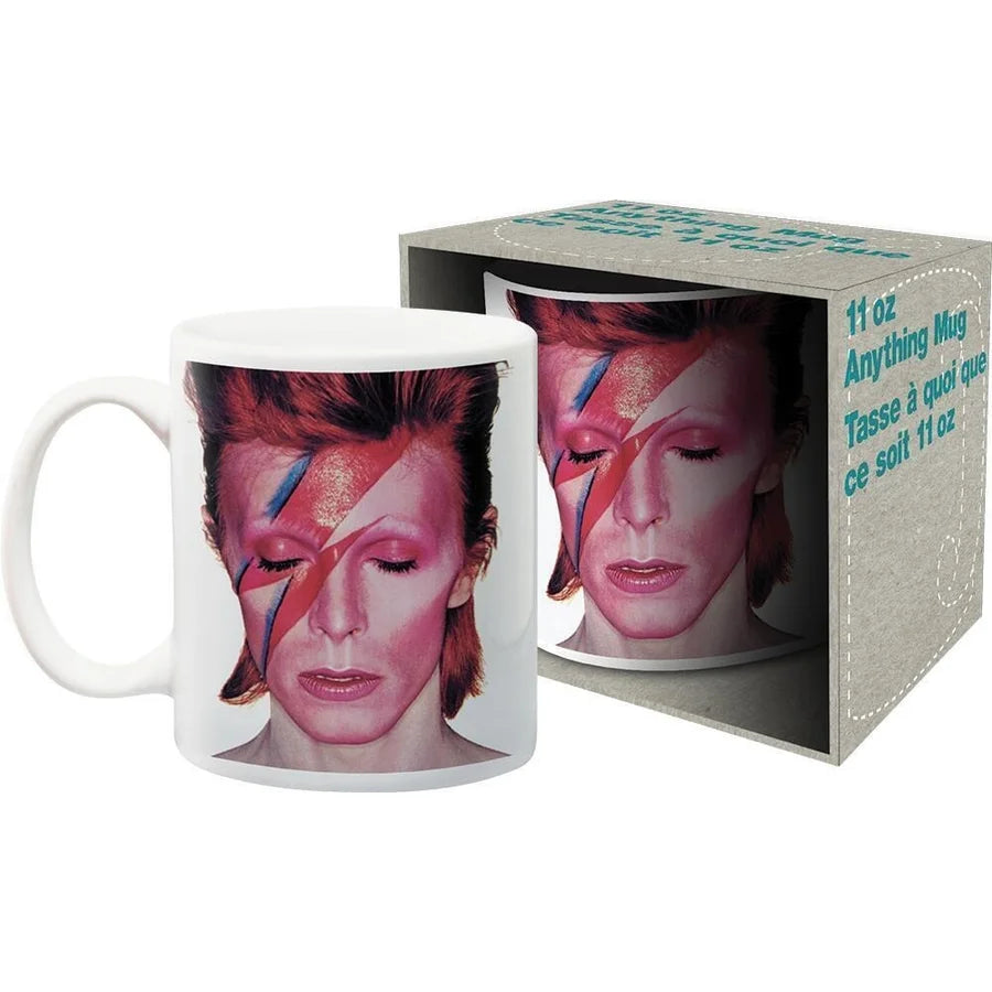 Cover shot from David Bowie’s 1973 album Aladdin Sane in full color on a white ceramic mug, seen in its packaging 