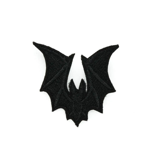 An embroidered patch of a vampire bat with its wings spread, stitched in black on a black background.