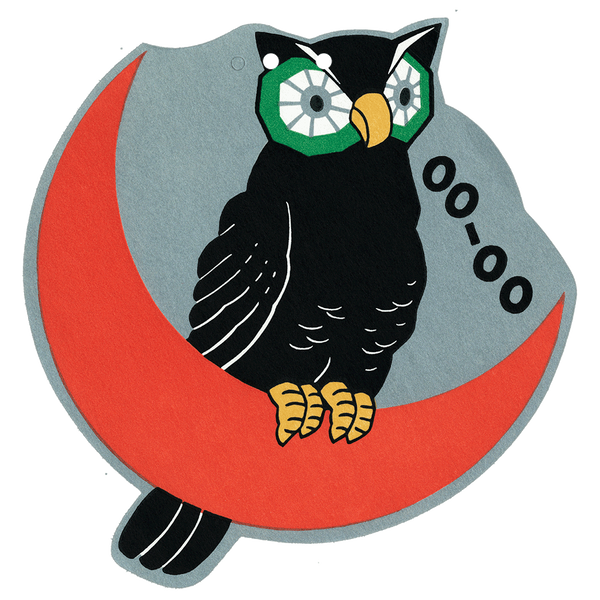 An owl with large green eyes sitting on a red crescent moon saying “Oooo”
