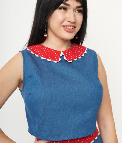 retro style shell top in stretch faux denim with a red and white dotted collar and white ric rac trim detail, shown on model