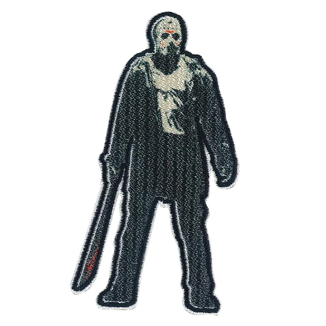 An embroidered red, black, and beige patch of the likeness of Jason Voorhees, main slasher from the 1980 horror classic ﻿Friday The 13th. 