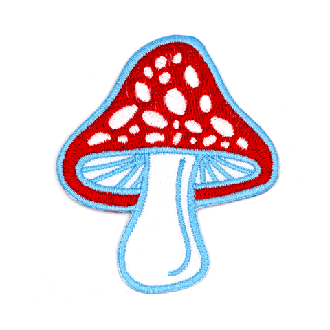 Red and white with blue outlines toadstool mushroom embroidered patch