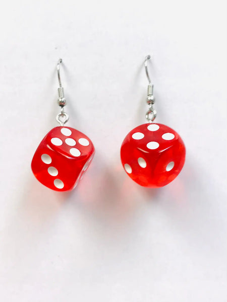 A pair of translucent red resin dice as dangle earrings 