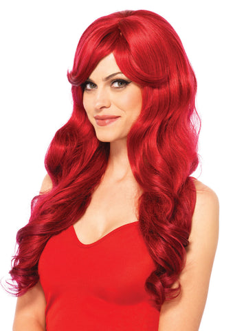 long wavy bright primary red wig, shown on model