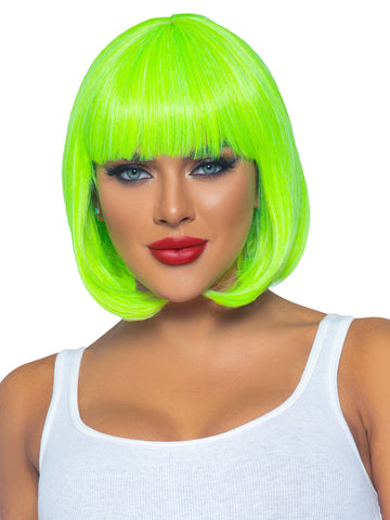 Bright neon green straight chin length bob cut wig with bangs, shown on model