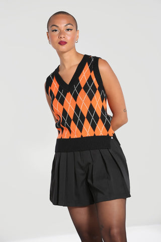 A model wearing a black, orange, and white argyle sweater vest. It has black ribbed hemming