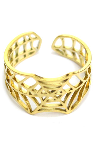 An open band adjustable ring in gold metal with a cut-out spiderweb design