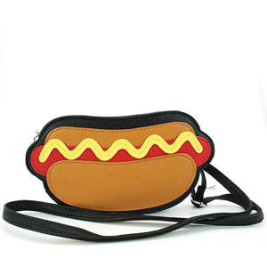 Novelty purse in the shape of a hot dog with a black crossbody strap