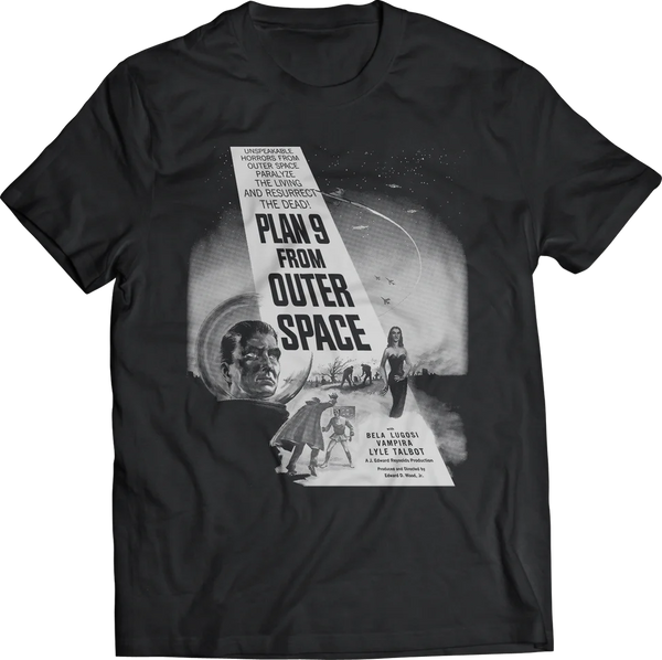 Plan 9 from Outer Space movie poster image in white on black unisex t-shirt
