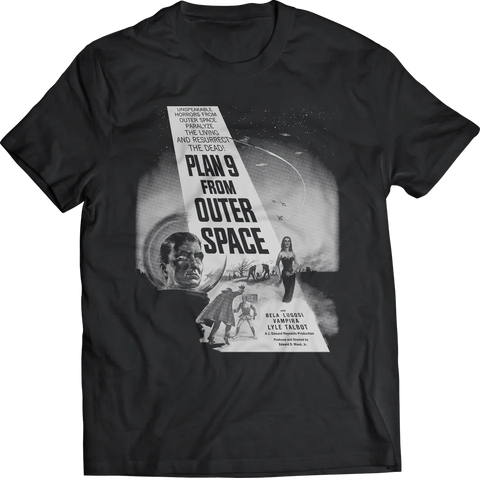 Plan 9 from Outer Space movie poster image in white on black unisex t-shirt