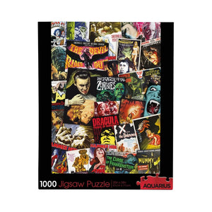 1000 piece jigsaw puzzle featuring collage image of Hammer Horror classic movie posters