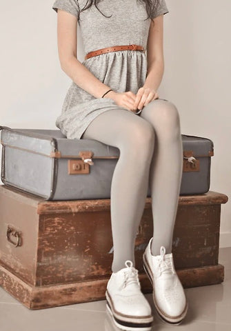 80 denier matte finish light grey opaque pantyhose tights, shown on model