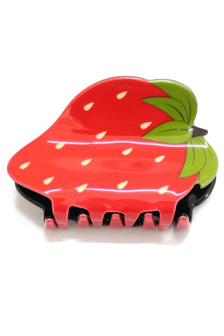 plastic claw style novelty hair clip in the shape of a red strawberry with green stem and seeds