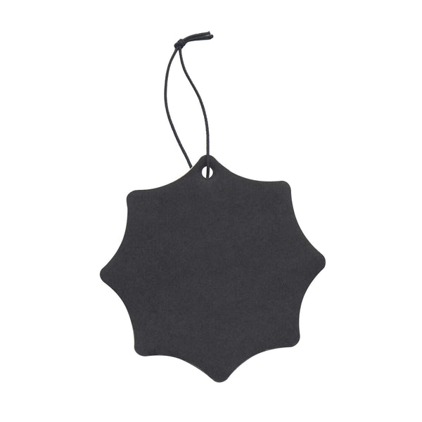 black and white spiderweb shaped air freshener, showing sold black back view